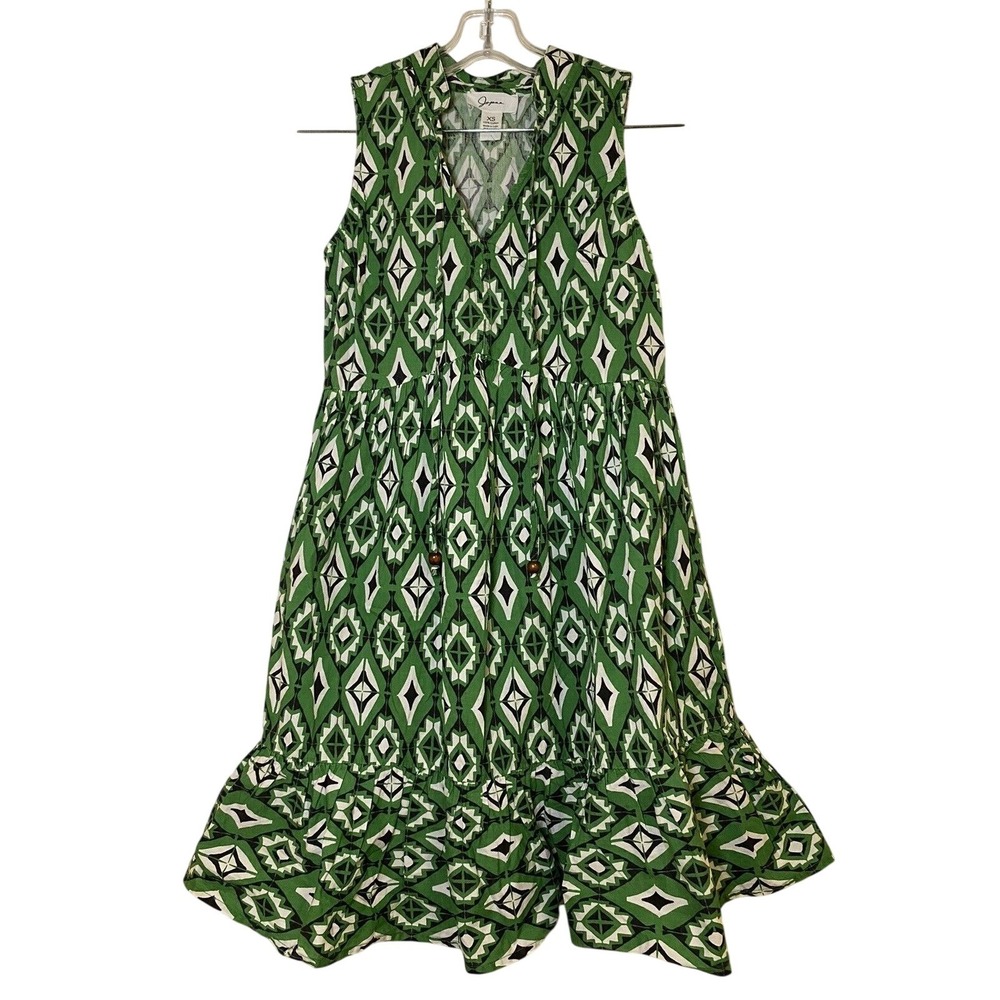 Japna Green Geometric Diamond Print Tiered Cotton Sleeveless Dress XS 21138